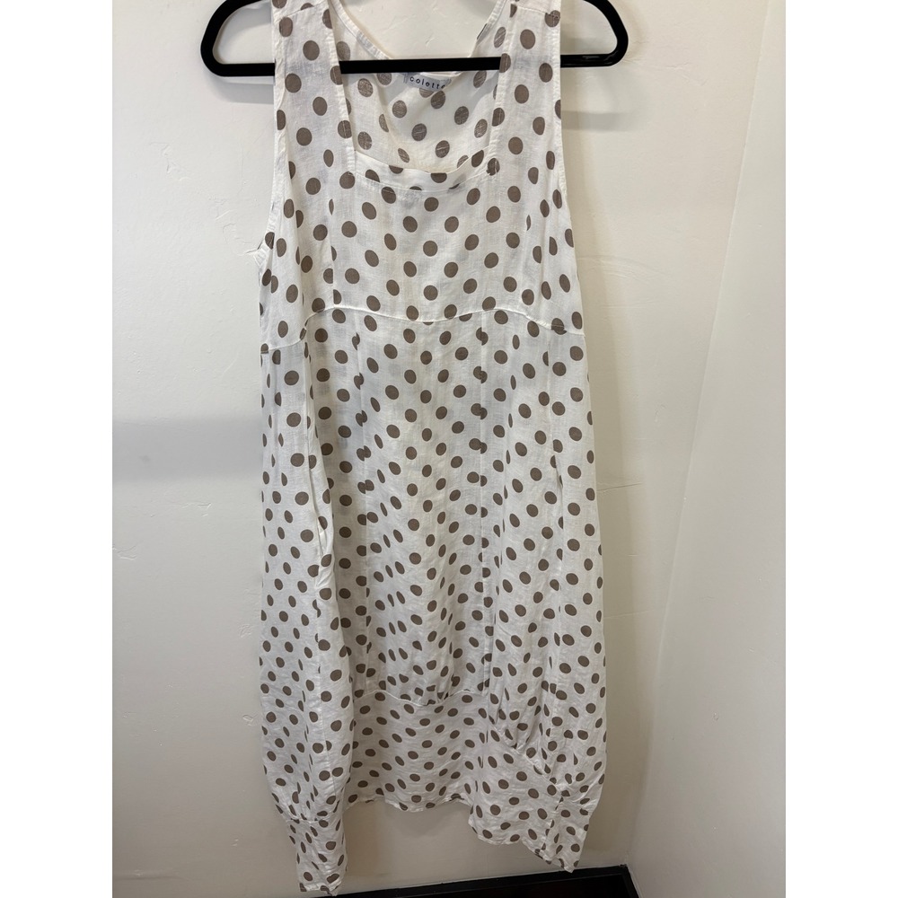 Colette Italy 100% Linen Polka Dot Sleeveless Midi Dress White Brown Medium